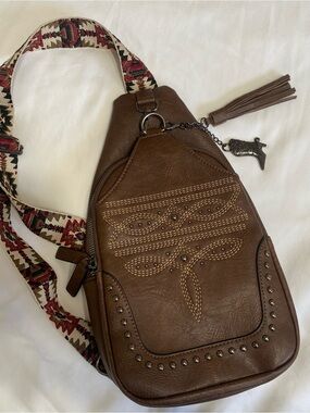 Brown Embroidered Faux-Leather Crossbody Sling Bag